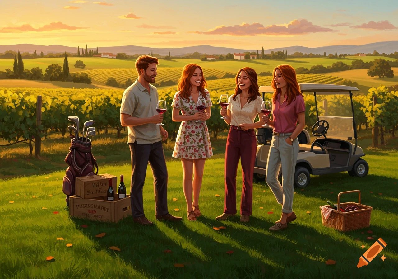 Four friends, one man and three women, with auburn hair, holding glasses of red wine in a sunny vineyard with golf clubs and a golf cart nearby.
