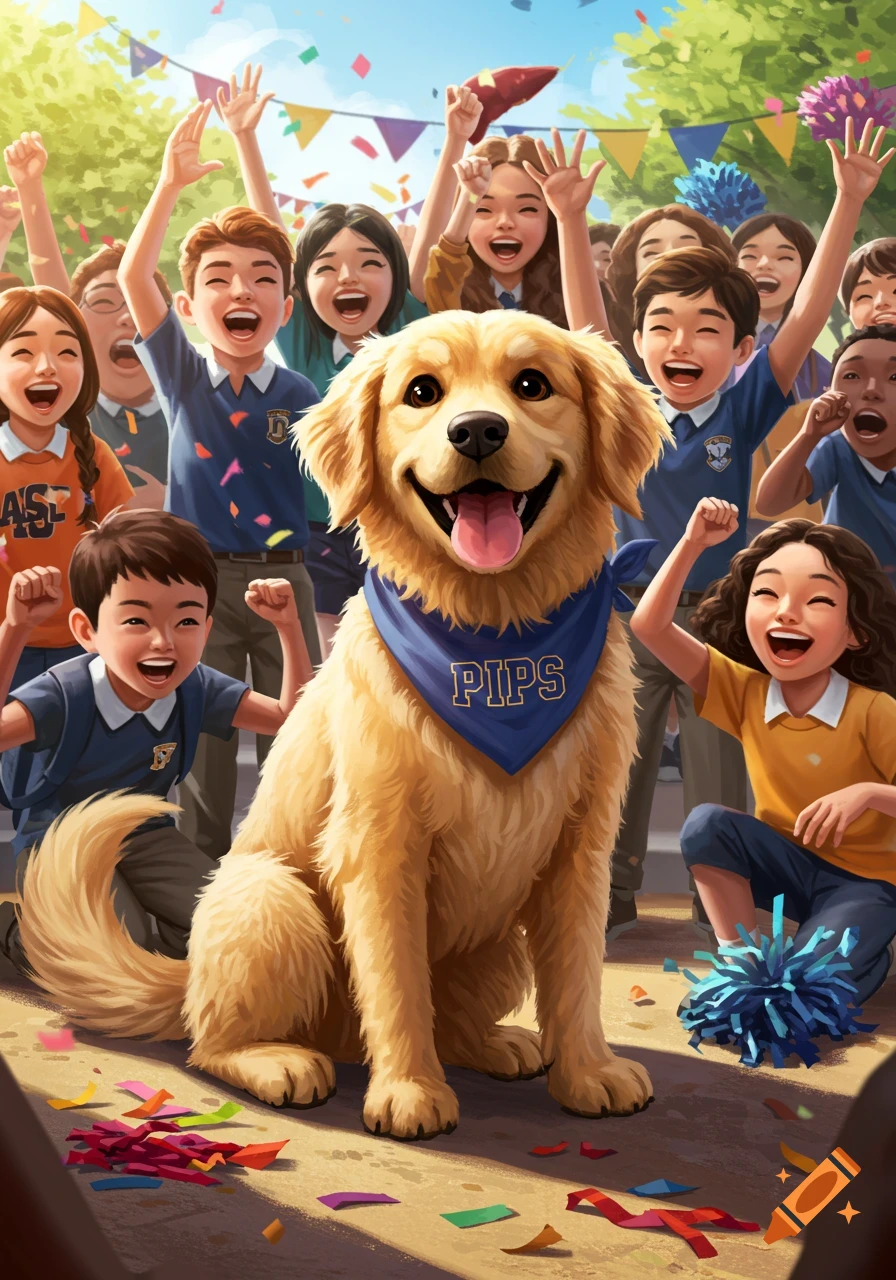 Illustration of a golden retriever wearing a 'PIPS' bandana, surrounded by cheering school children and falling confetti.