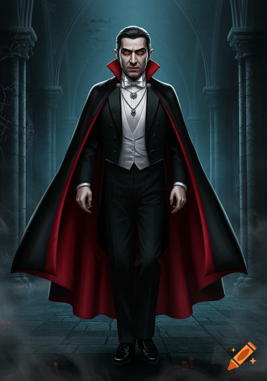 A full-body digital illustration of a vampire with red eyes, wearing a black suit and red-lined cape, standing in a dark, gothic castle.