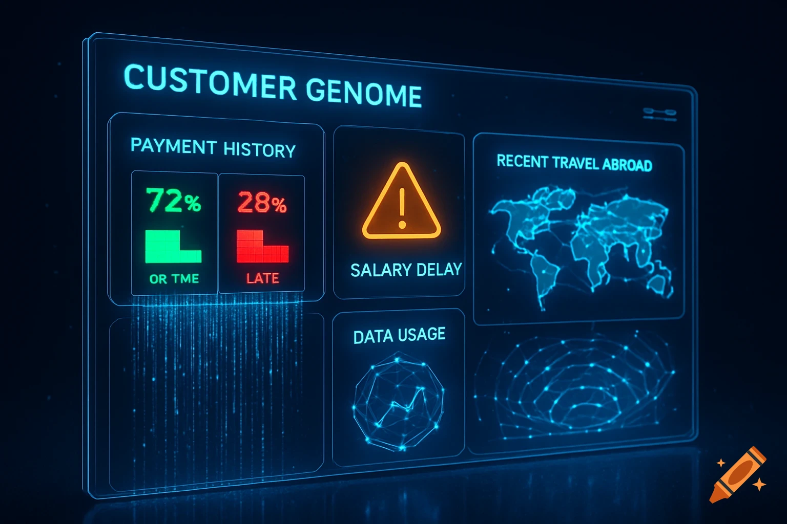 A futuristic blue glowing digital dashboard displaying customer data including payment history, recent travel abroad, salary delay, and data usage.