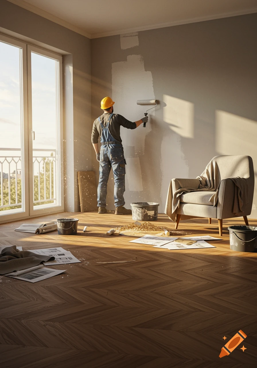 A man in overalls and a hard hat paints a wall in a sunlit room, with renovation supplies scattered on the wooden floor.