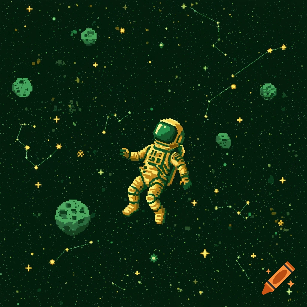 An 8-bit pixel art image of a green and gold astronaut floating in space among stars and planets.