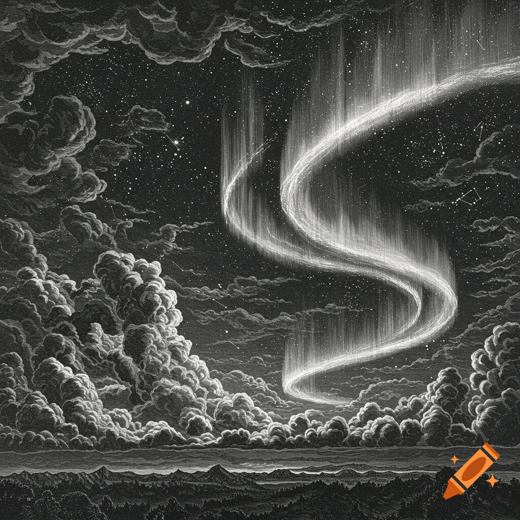Black and white engraving of swirling aurora borealis over a cloudy night sky and landscape.