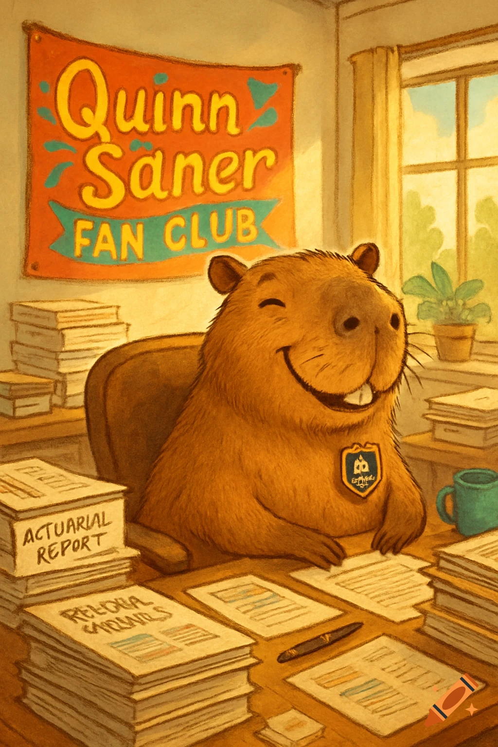 A happy, smiling capybara sits at an office desk filled with stacks of papers, with a "Quinn Saner Fan Club" banner behind it.
