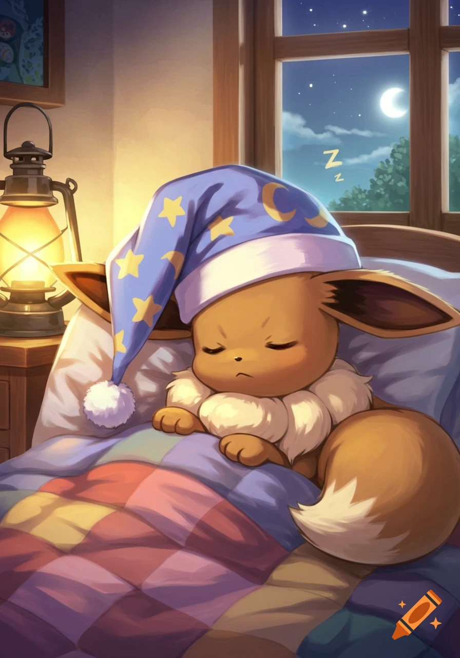 An Eevee wearing a blue nightcap sleeps soundly in bed under a colorful blanket, with a lantern and a moonlit window.