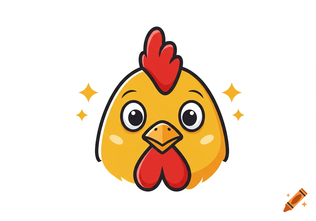 A cute, simple cartoon vector illustration of a yellow chicken's head with large eyes, a red comb, and sparkles.