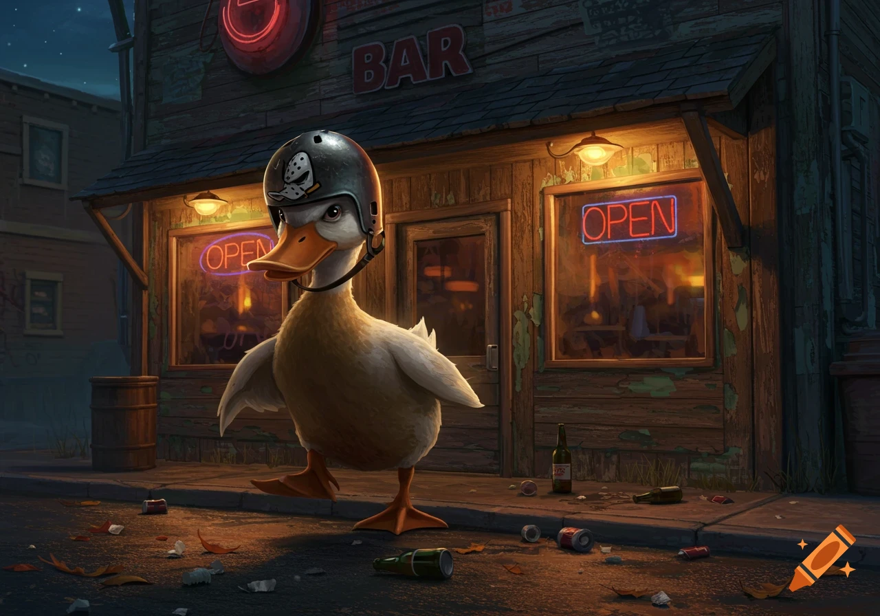 A duck wearing a hockey helmet stands on a littered sidewalk in front of a neon-lit bar at night.