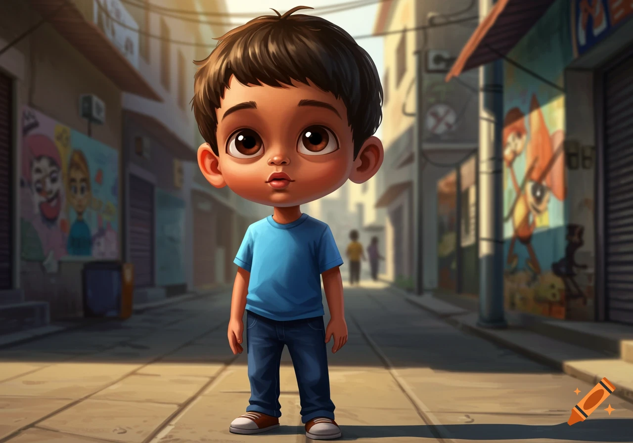 A cartoon boy with a big head, small eyes, and large lips, wearing a blue t-shirt and jeans, standing in a street.