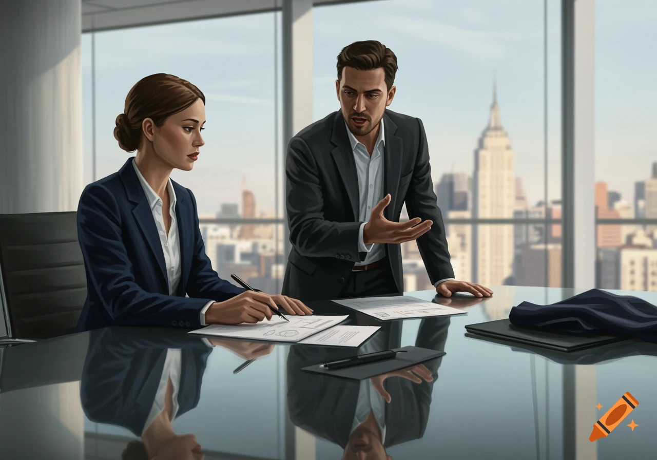 Two business professionals, a woman writing and a man gesturing, discuss in a modern office meeting room with a city view.