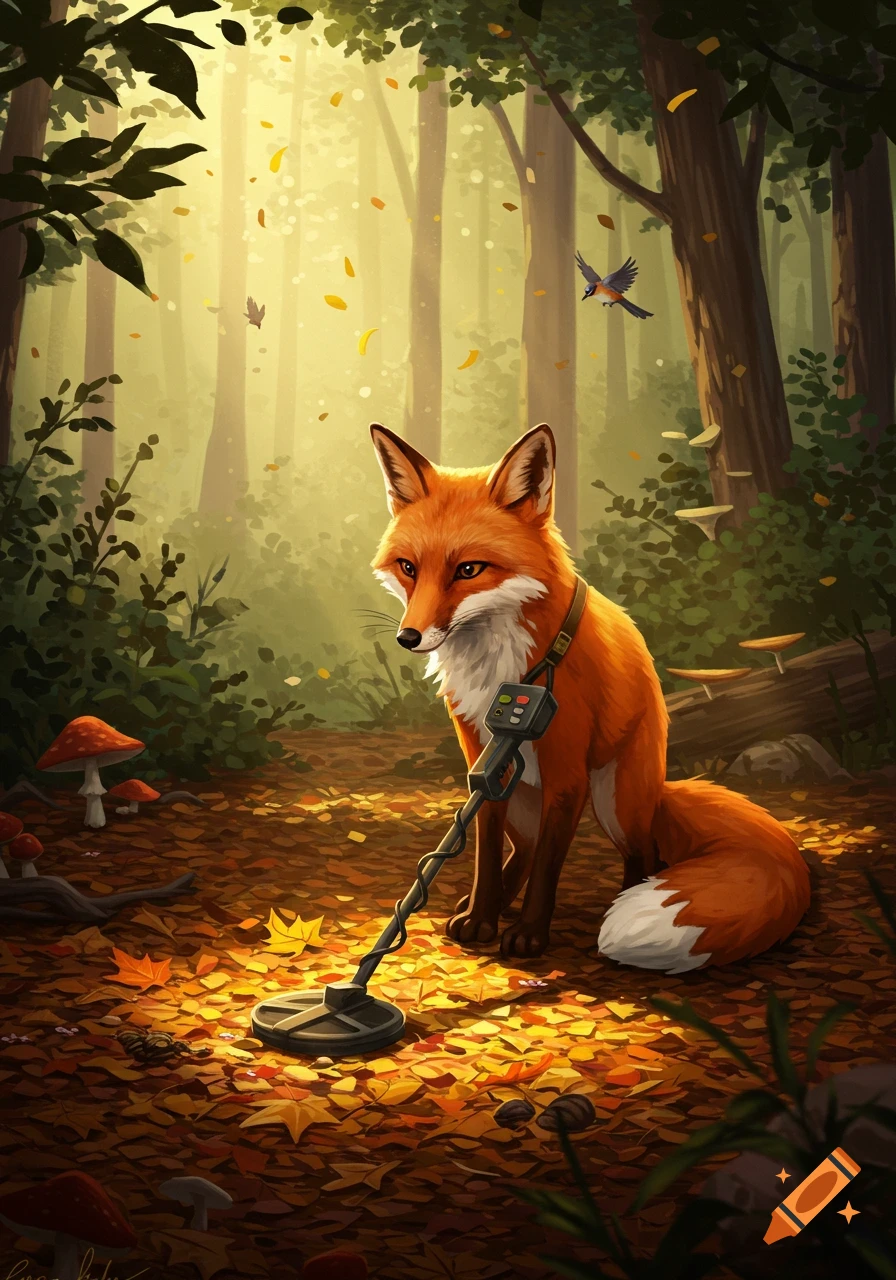 An illustrated red fox metal detecting on an autumn forest floor with fallen leaves and mushrooms.