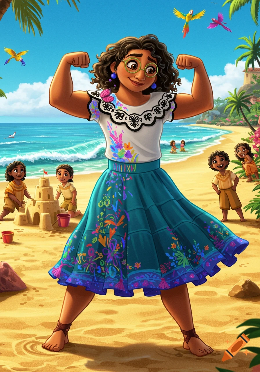Cartoon of Mirabel from Encanto flexing muscles on a sunny beach with children playing sandcastles.