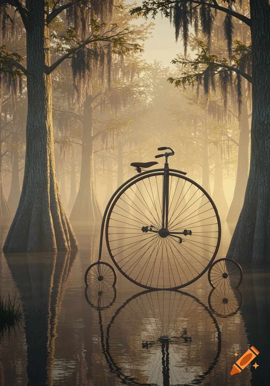 A penny-farthing bicycle stands in a misty, sunlit swamp, surrounded by cypress trees with Spanish moss and reflected in the water.
