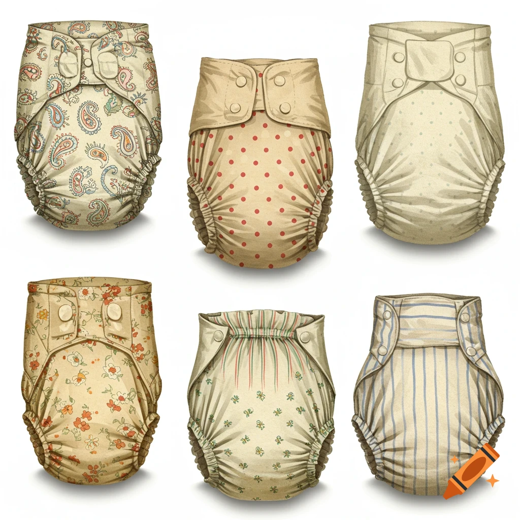 Six vintage cloth diapers with various patterns, including paisley, polka dots, florals, and stripes, on a white background.