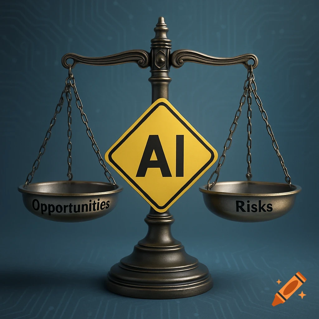 Photorealistic bronze balancing scale with 'Opportunities' on left tray and 'Risks' on right, centered by a yellow 'AI' caution sign on a circuit board background.