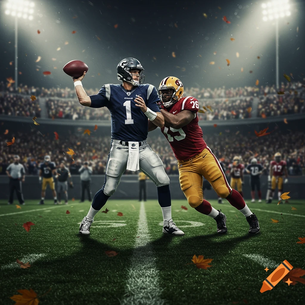 Photorealistic image of a football quarterback in blue jersey about to throw, tackled by a defender in red, on a field with falling leaves under stadium lights.