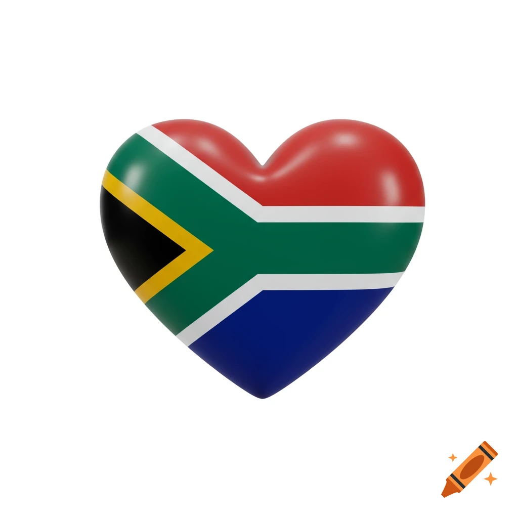 A 3D rendered heart shaped like the South African flag on a white background.
