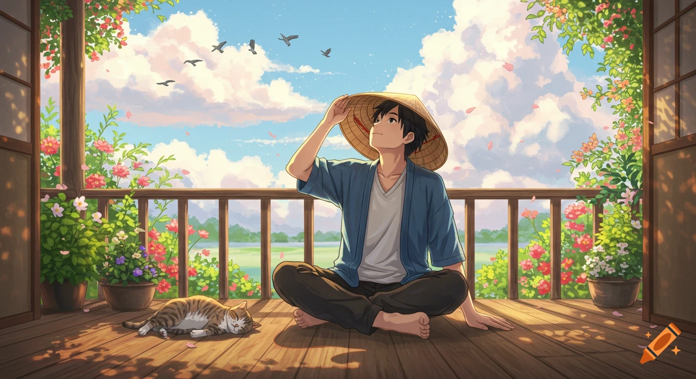 Anime style depiction of a young man wearing a conical hat sitting on a wooden porch, looking up at the sky with birds flying. A cat sleeps nearby amidst a vibrant summer flower garden.
