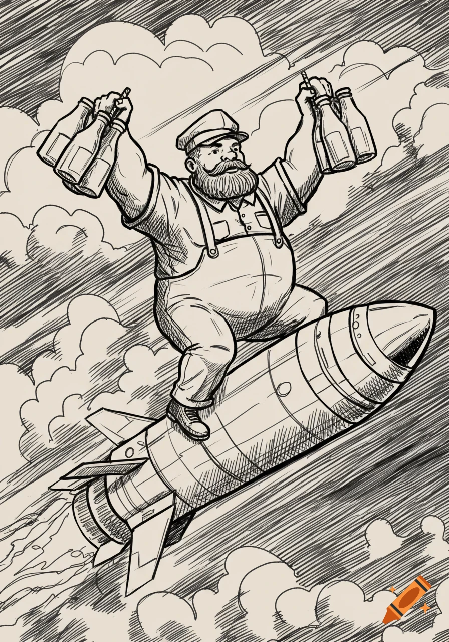 Black and white sketch of a bearded man in overalls riding a missile, holding bottles.