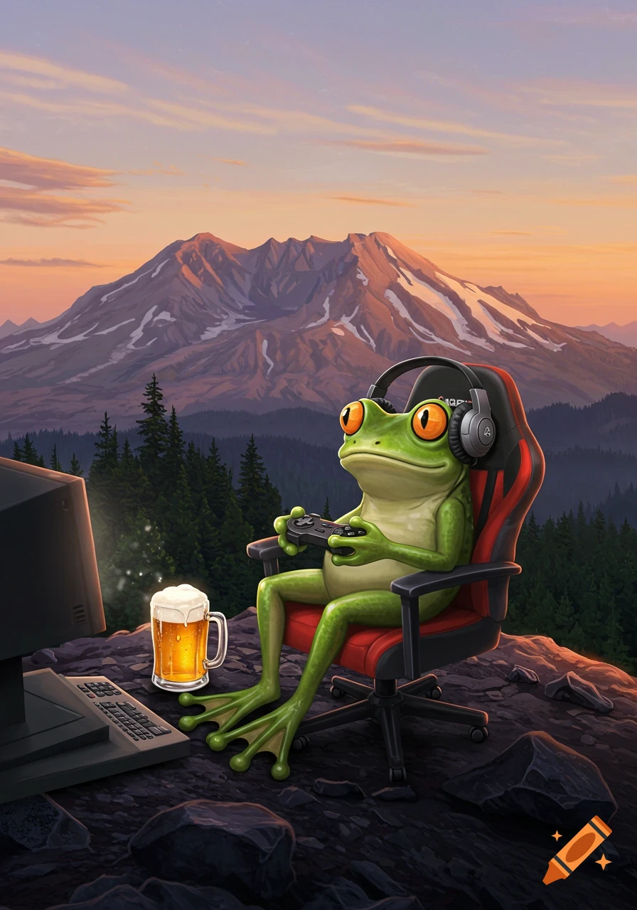 A cartoon frog wearing headphones sits in a gaming chair on a mountaintop, playing video games with a beer beside him, overlooking a mountain range at sunset.