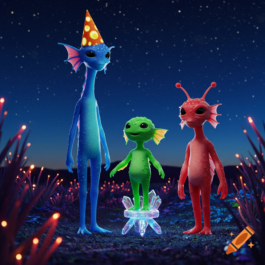 A tall blue alien with a party hat, a small green alien on a crystal, and a red alien stand in a field of glowing plants under a starry night sky, digital art.