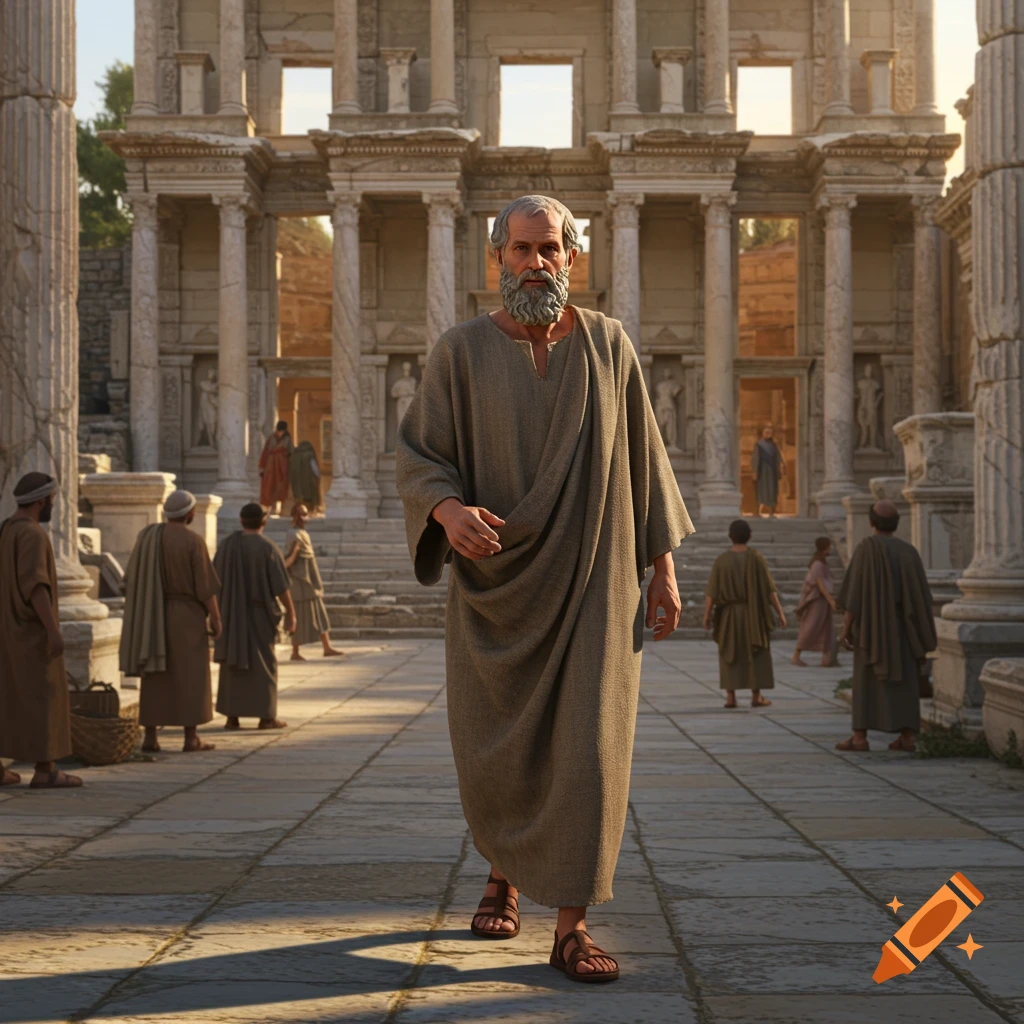 An old man with a grey beard in ancient robes walks from the ruins of a grand stone temple, with other robed figures.