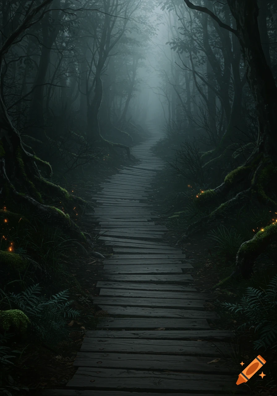 A dark, misty forest path made of wooden planks leading into the fog, with glowing lights among mossy tree roots.