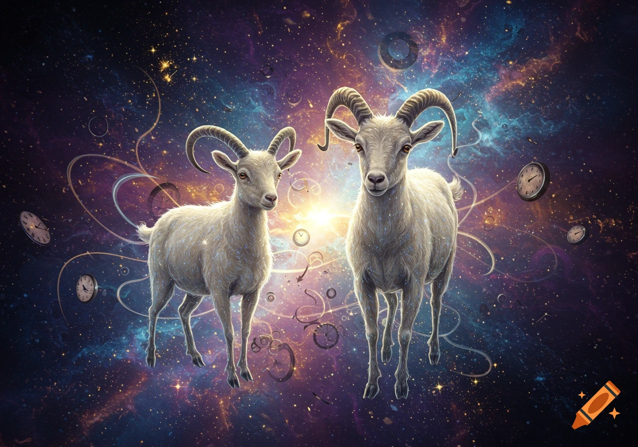 Two white goats float in a vibrant, star-filled cosmic background with swirling energy and scattered clocks.