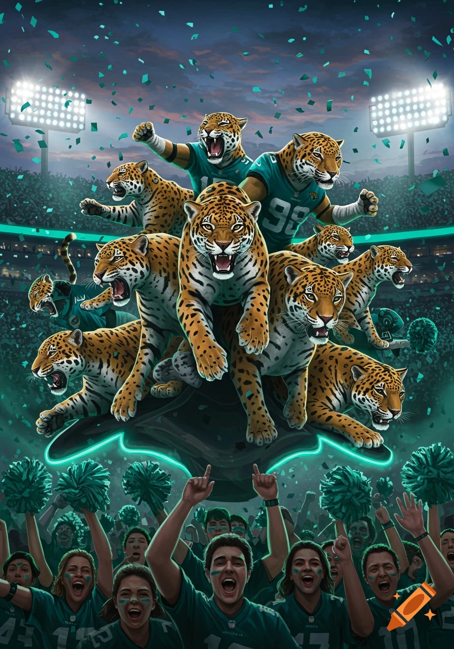 Dynamic illustration of jaguars in football jerseys charging over cheering fans in a stadium with confetti falling and bright lights.