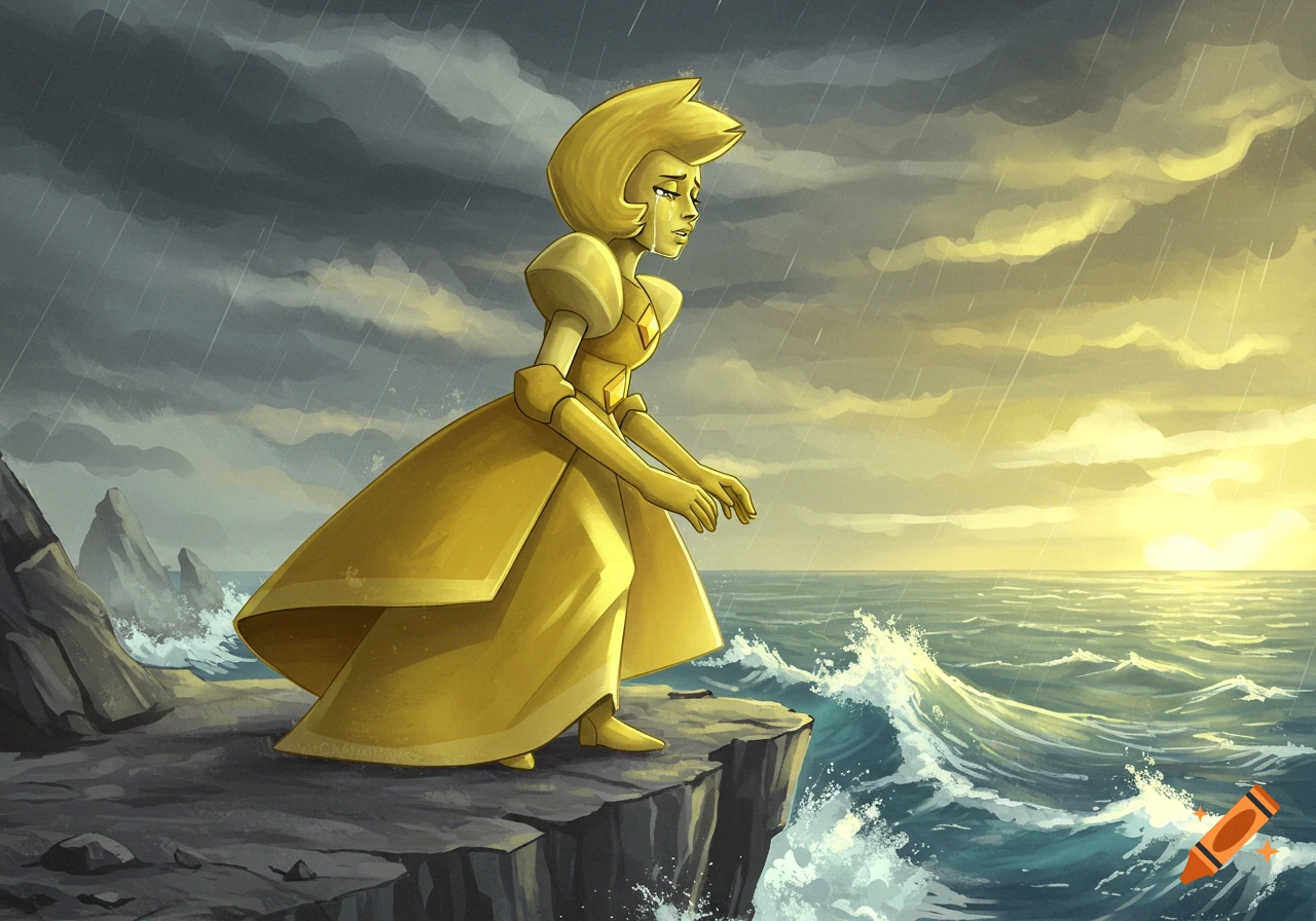 Yellow Diamond, a cartoon character, stands on a cliff overlooking a stormy sea under a sunset, crying as rain falls.