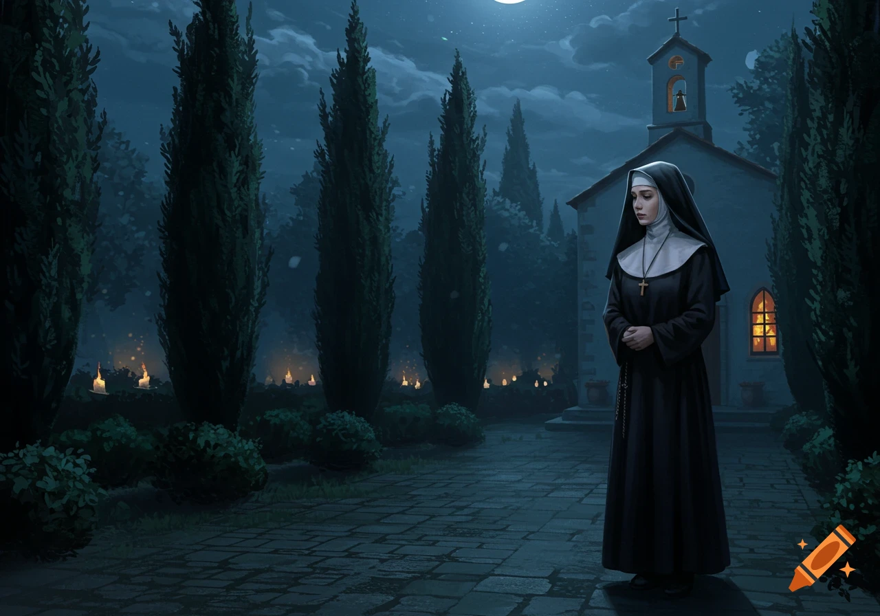 A solemn nun stands at night in front of a small church, surrounded by tall trees and glowing candles, in a digital painting.