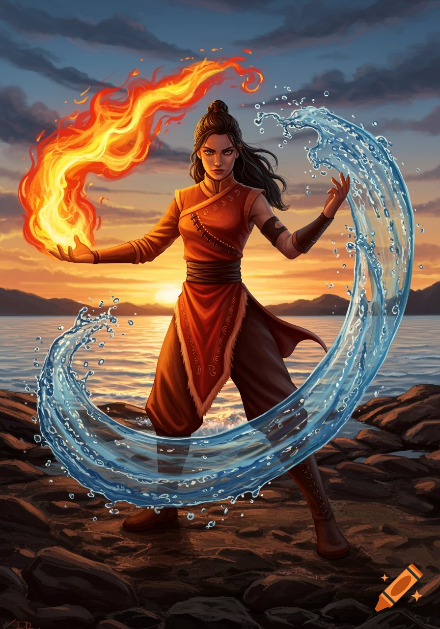 A female fire and water bender stands on a rocky shore at sunset, controlling vibrant flames and swirling water.