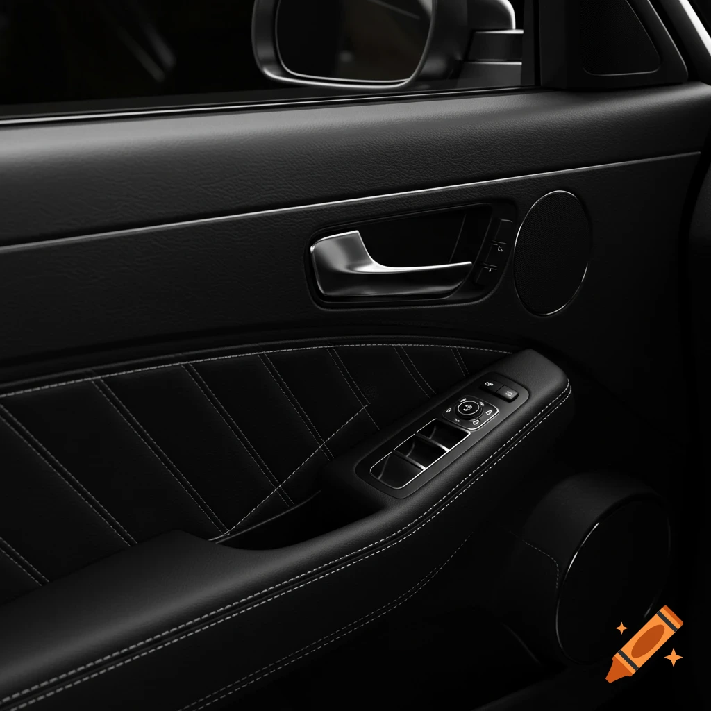 Close-up of a luxury car interior door with black leather, diamond stitching, polished handle, and window controls. Photorealistic.