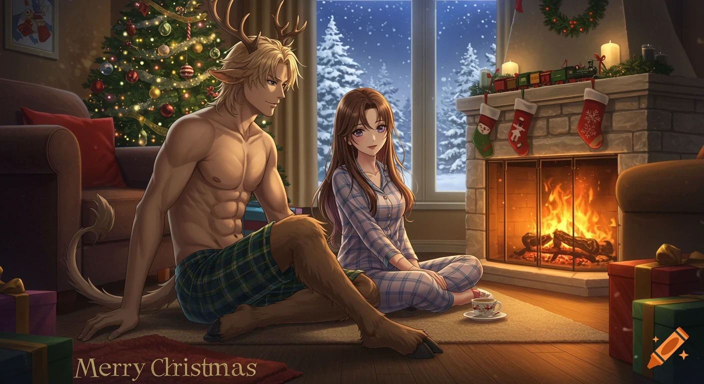 An anime-style satyr and a girl in pajamas sit by a fireplace in a cozy Christmas living room, with snow outside.