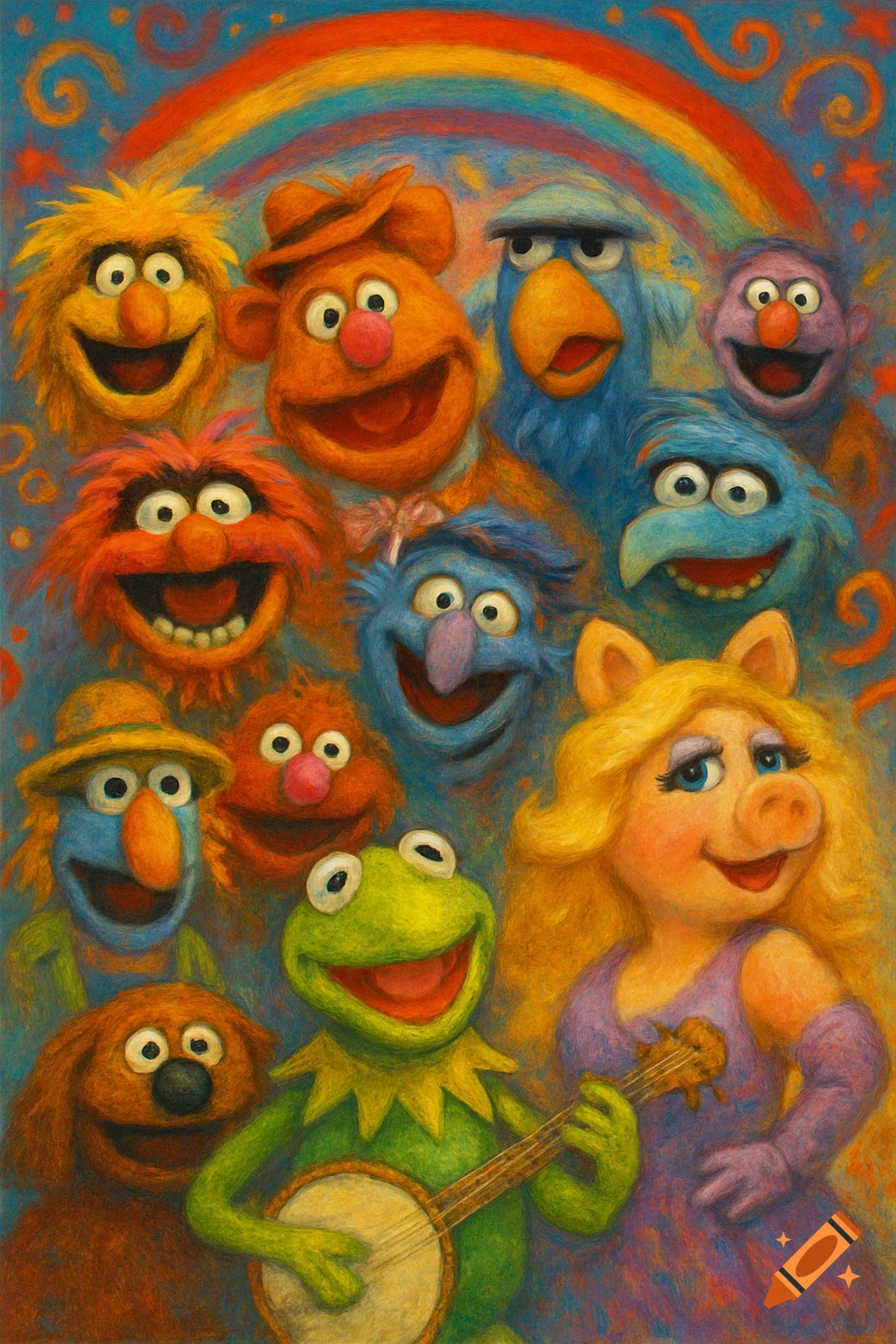 A colorful, painterly group portrait of various Muppet characters, including Kermit the Frog playing a banjo and Miss Piggy, under a rainbow.