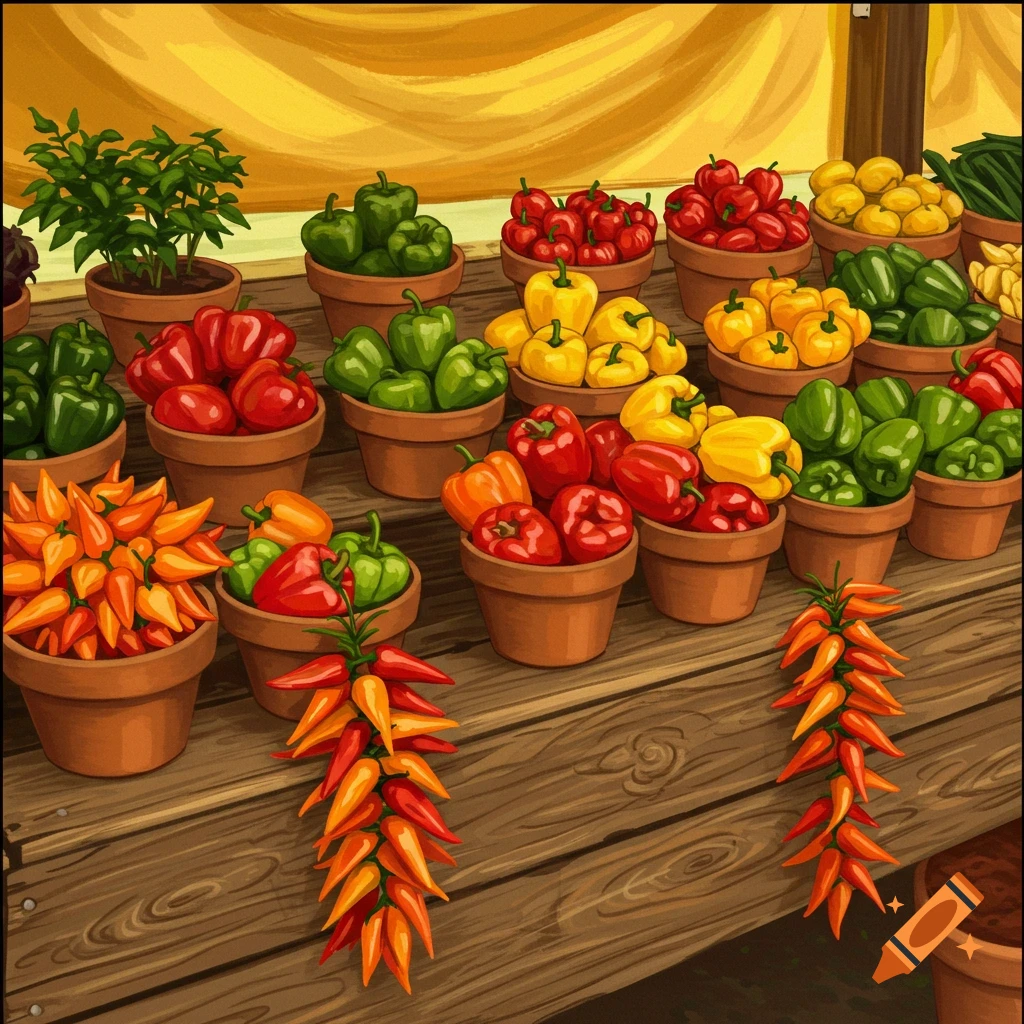 Various colorful peppers in terra cotta pots on a wooden market stall, with hanging chili pepper strings.