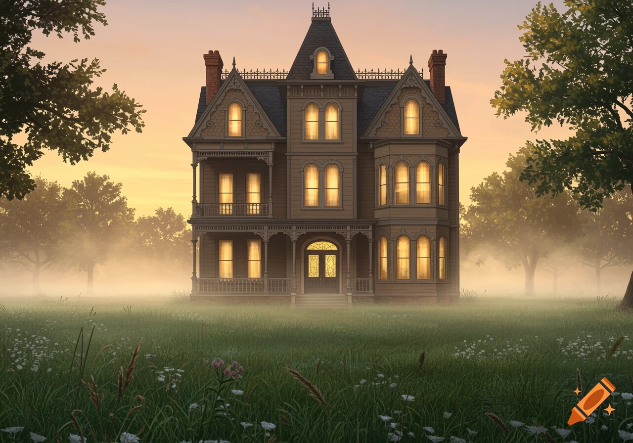 A large, brown Victorian house with many lighted windows stands in a misty, grassy field surrounded by trees at sunset.