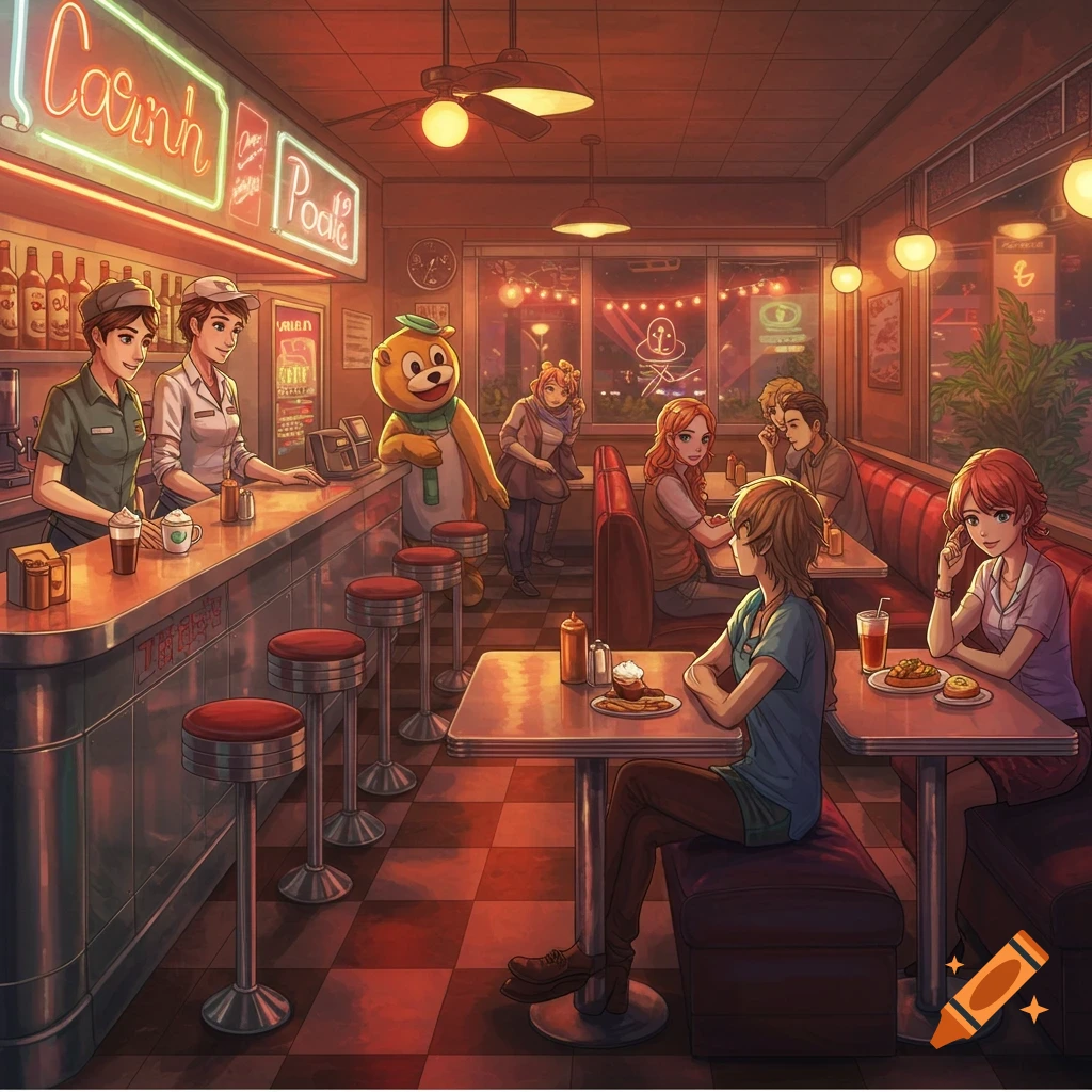 Anime-style illustration of a vibrant retro diner at night, with patrons, waitstaff, and a large bear mascot inside.