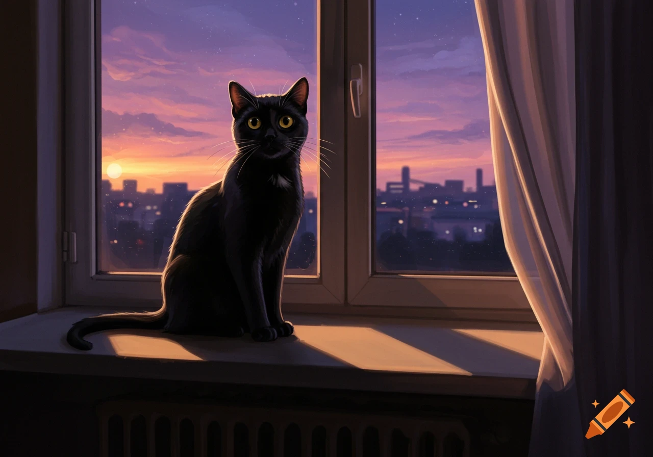 A black cat sits on a window sill, looking out at a city skyline bathed in the orange and purple light of sunset, digital painting.