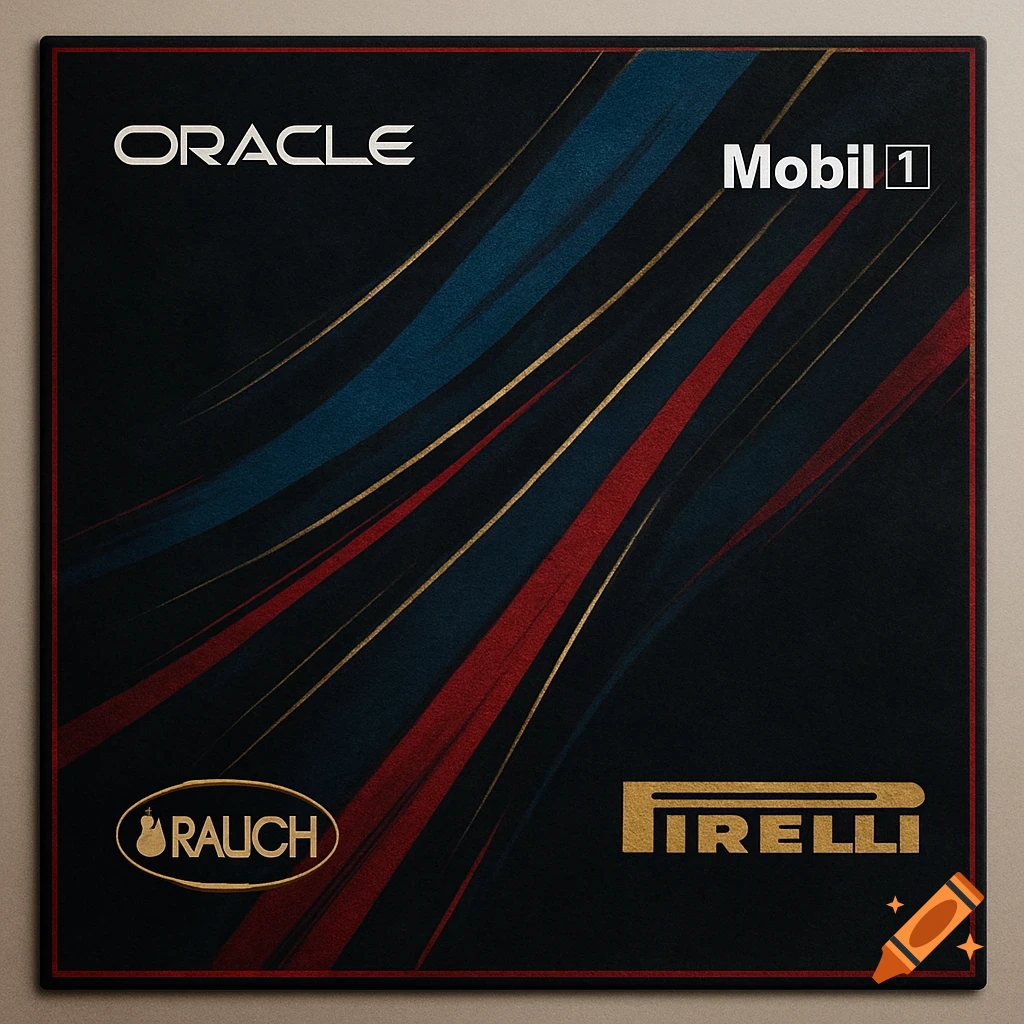 A black drum rug featuring red, blue, and gold racing stripes with Oracle, Mobil 1, Rauch, and Pirelli logos.