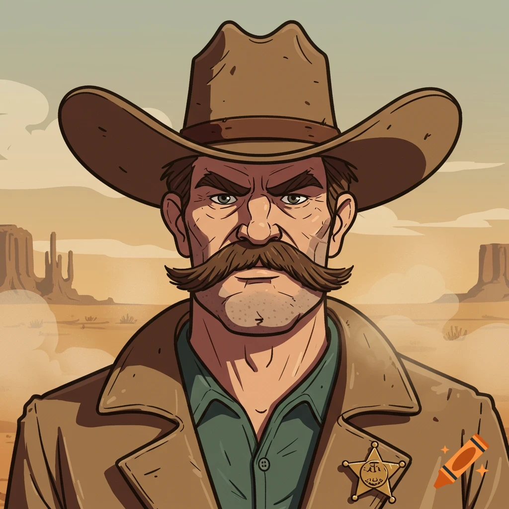 Cartoon portrait of a stern cowboy with a mustache and hat, wearing a sheriff's badge in a desert landscape.