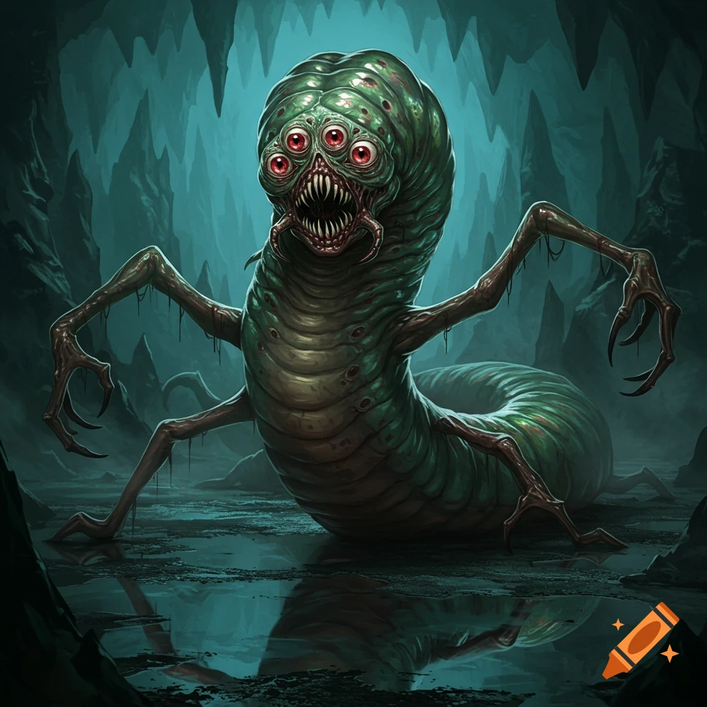 A detailed green worm-like monster with multiple red eyes and spider-like limbs stands in a dark, watery cave, reflecting in the water.