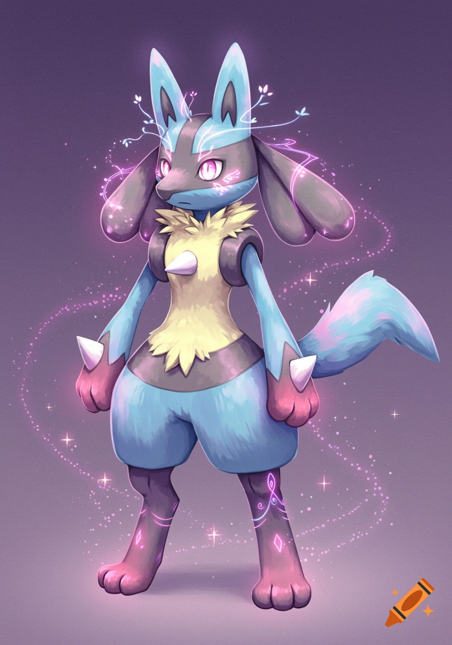 A serene, stylized Fairy-type Lucario with pastel fur and glowing purple patterns stands against a lavender background.