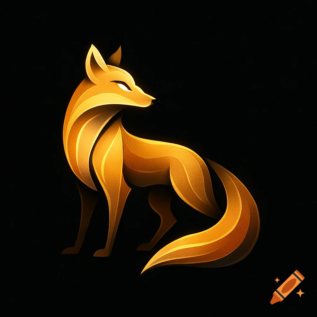 A stylized golden fox logo with glowing eyes, sitting and looking back, on a black background.
