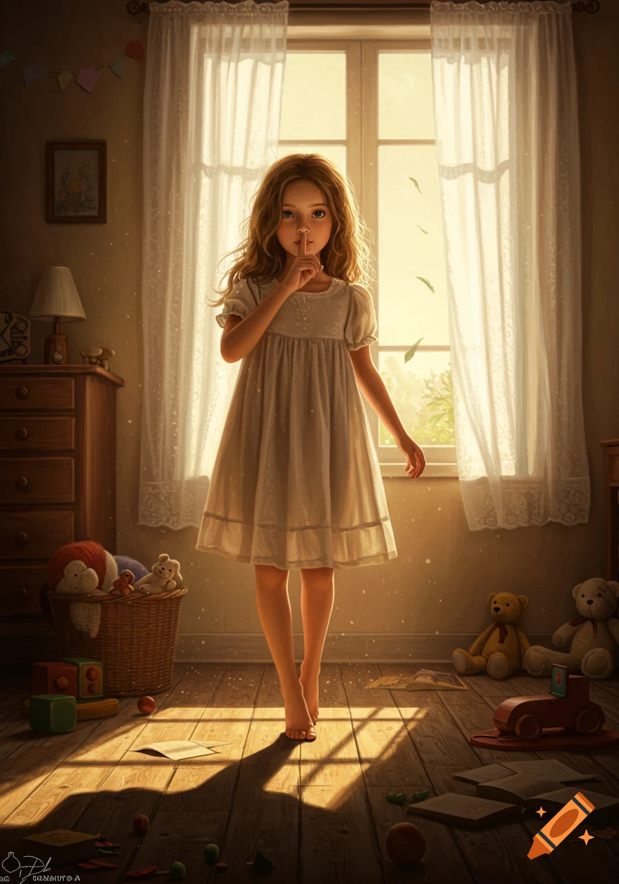 A young barefoot girl tiptoeing in a sunlit room, holding a finger to her lips in a shushing gesture.