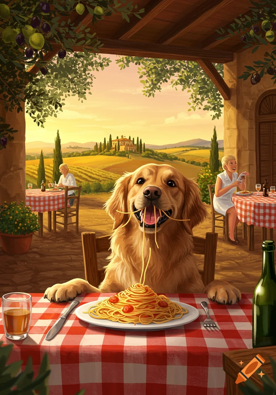 An illustrated golden retriever happily slurps spaghetti at an outdoor patio table overlooking a sunny Italian countryside.