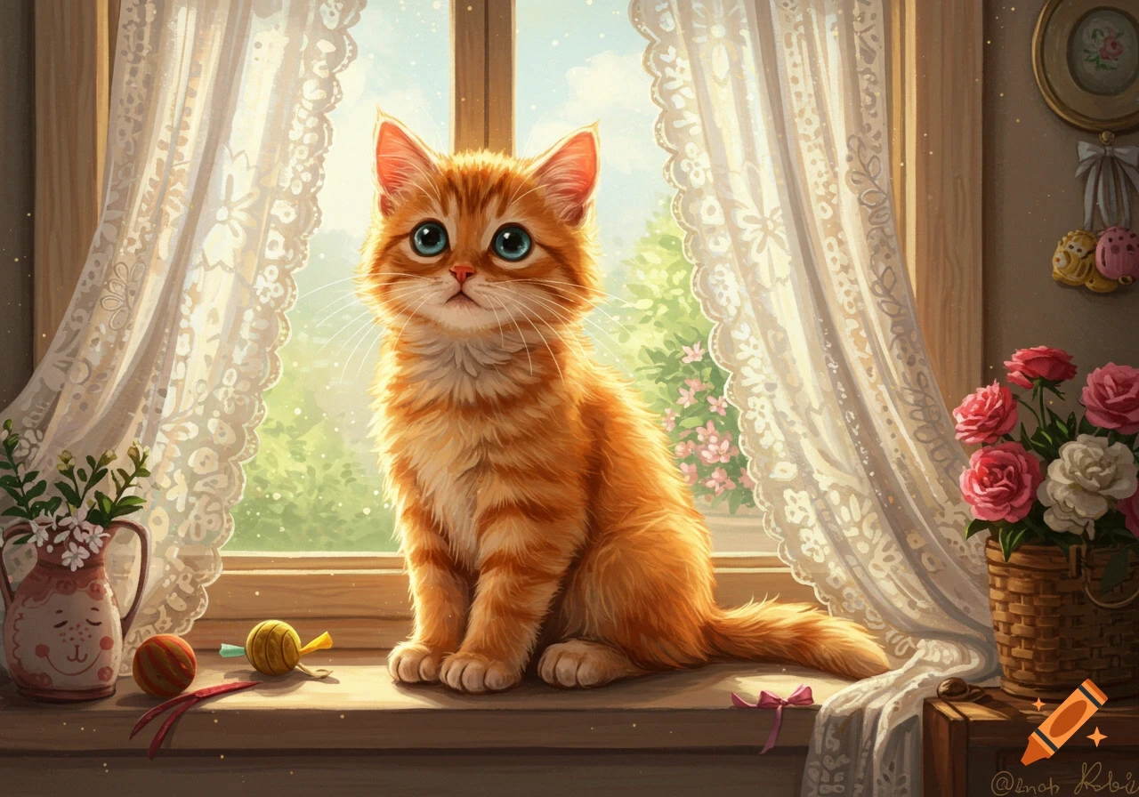 A cute orange cat with big blue eyes sits on a sunlit windowsill with lace curtains, flowers, and toys.
