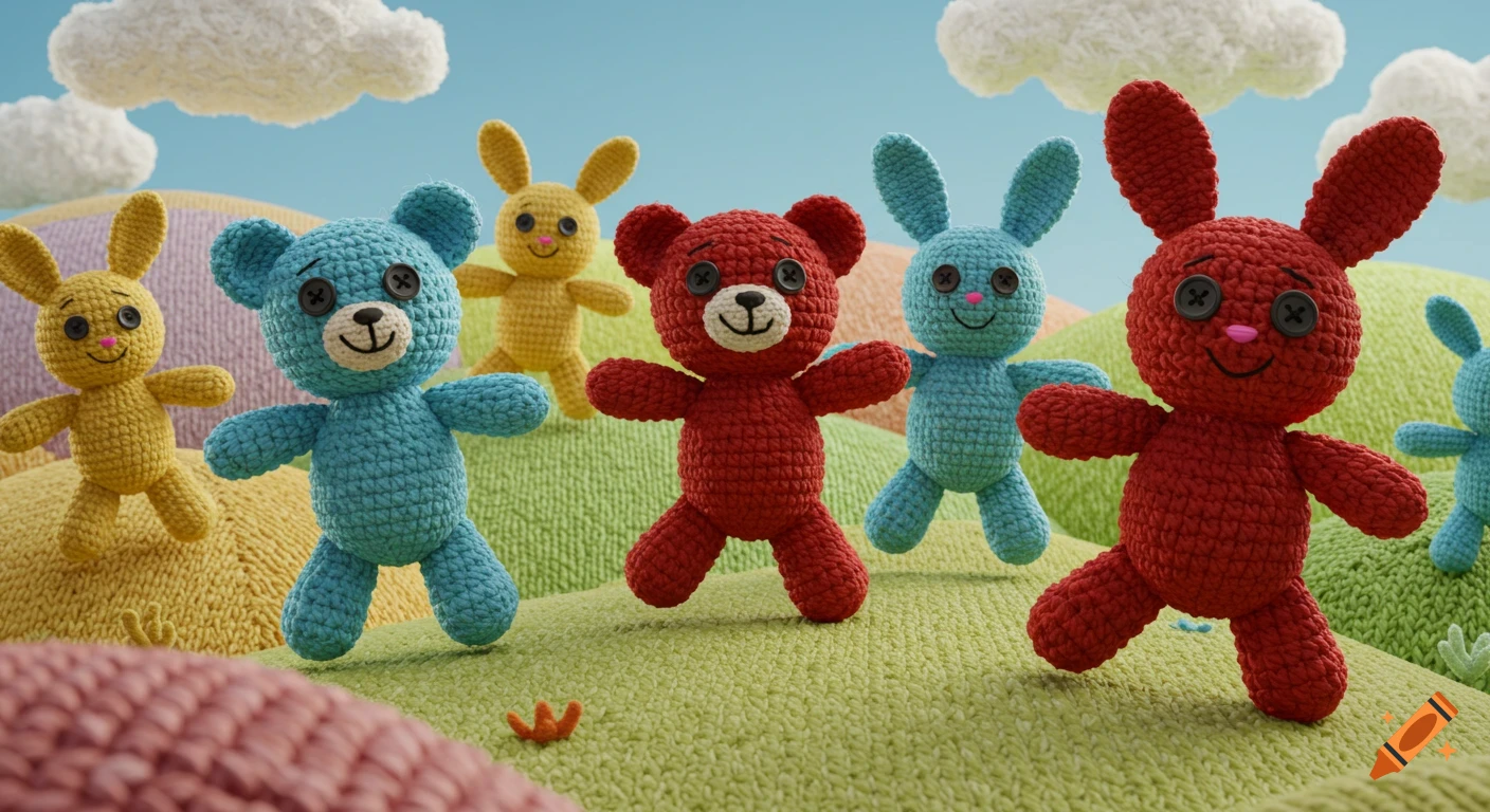 Colorful crochet stuffed bears and bunnies with button eyes and happy faces dance on green hills under a blue sky with white clouds.