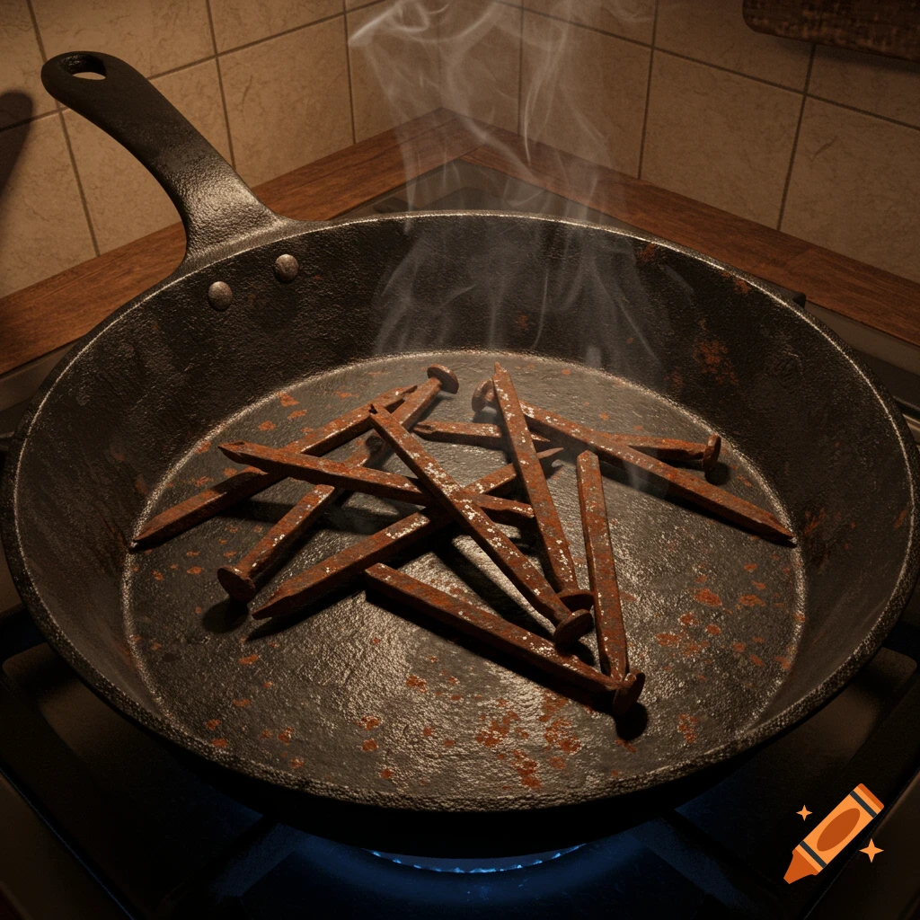 Rusty iron nails cooking in a cast iron frying pan on a gas stove, with smoke rising.