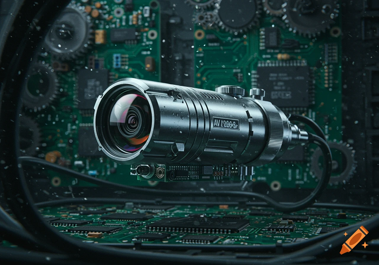 A close-up, photorealistic image of a silver industrial camera module floating above a green circuit board with various electronic components, wires, and gears.