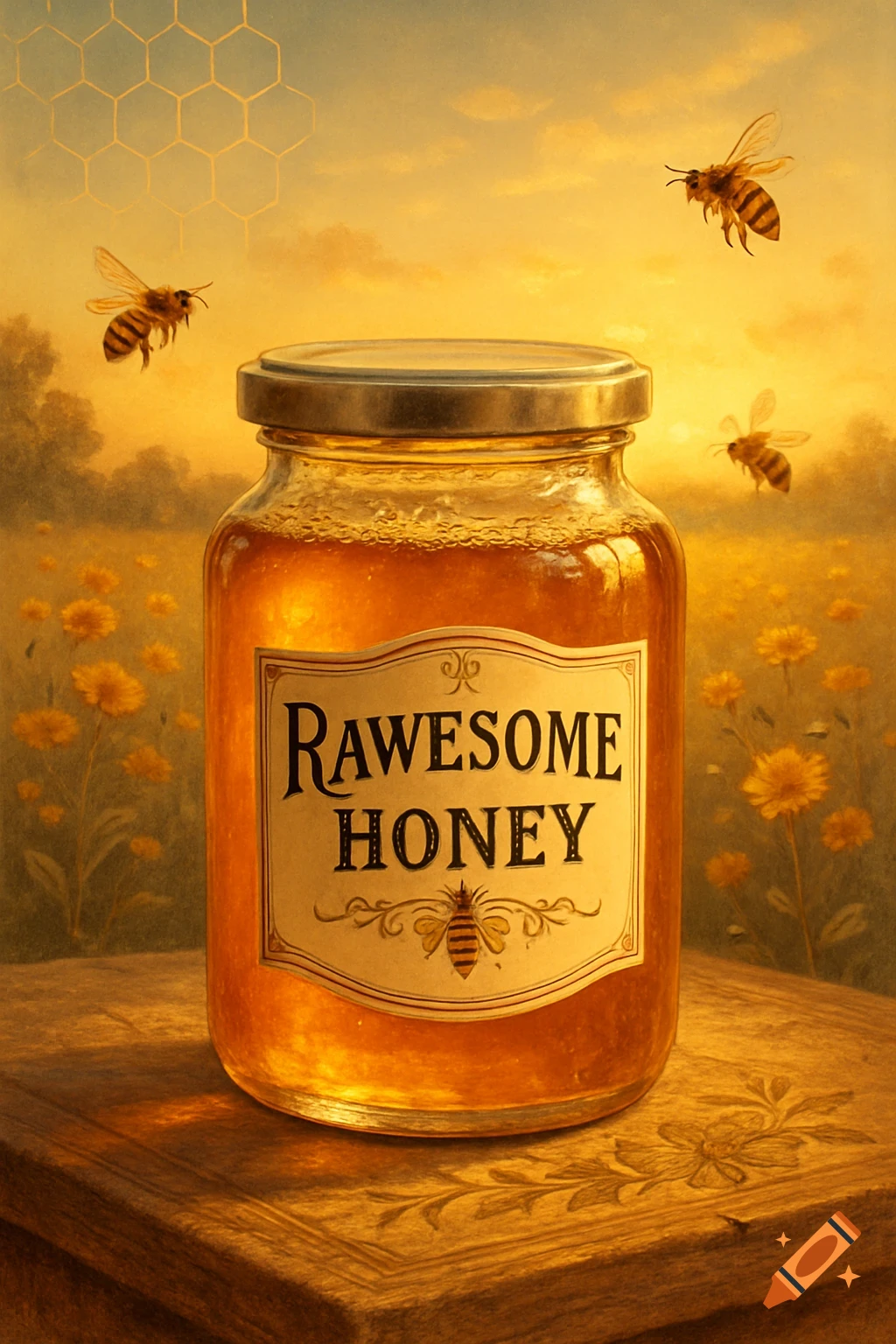 A jar of 'Rawesome Honey' on a wooden surface with bees flying in a field of yellow flowers under a golden sunset sky.